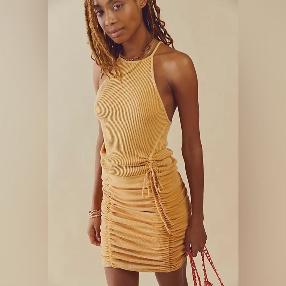 Free People Mustard Yellow Ruched Knit Midi Dress